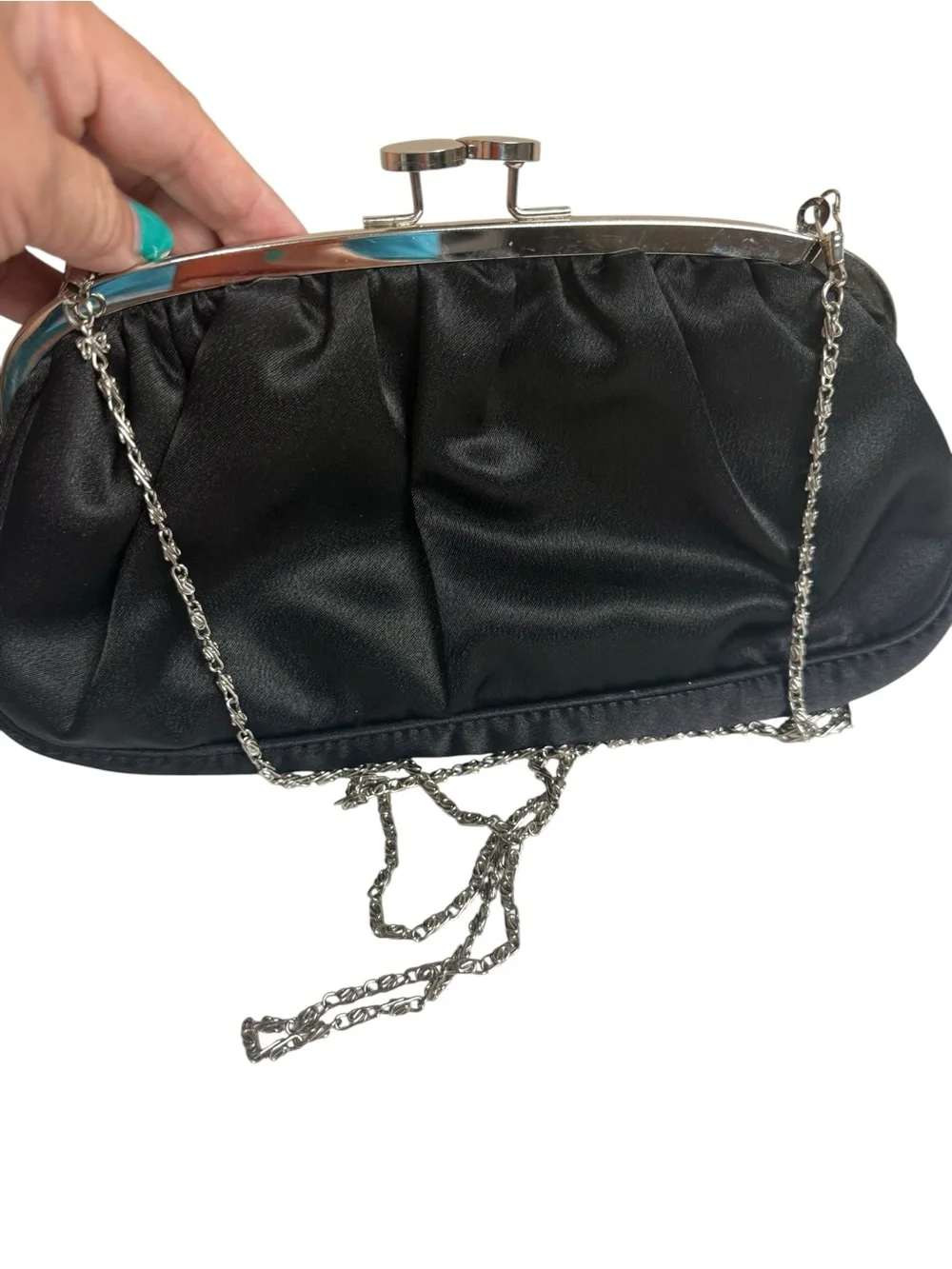Bijoux Terner Black Satin Evening Clutch with Silver Chain